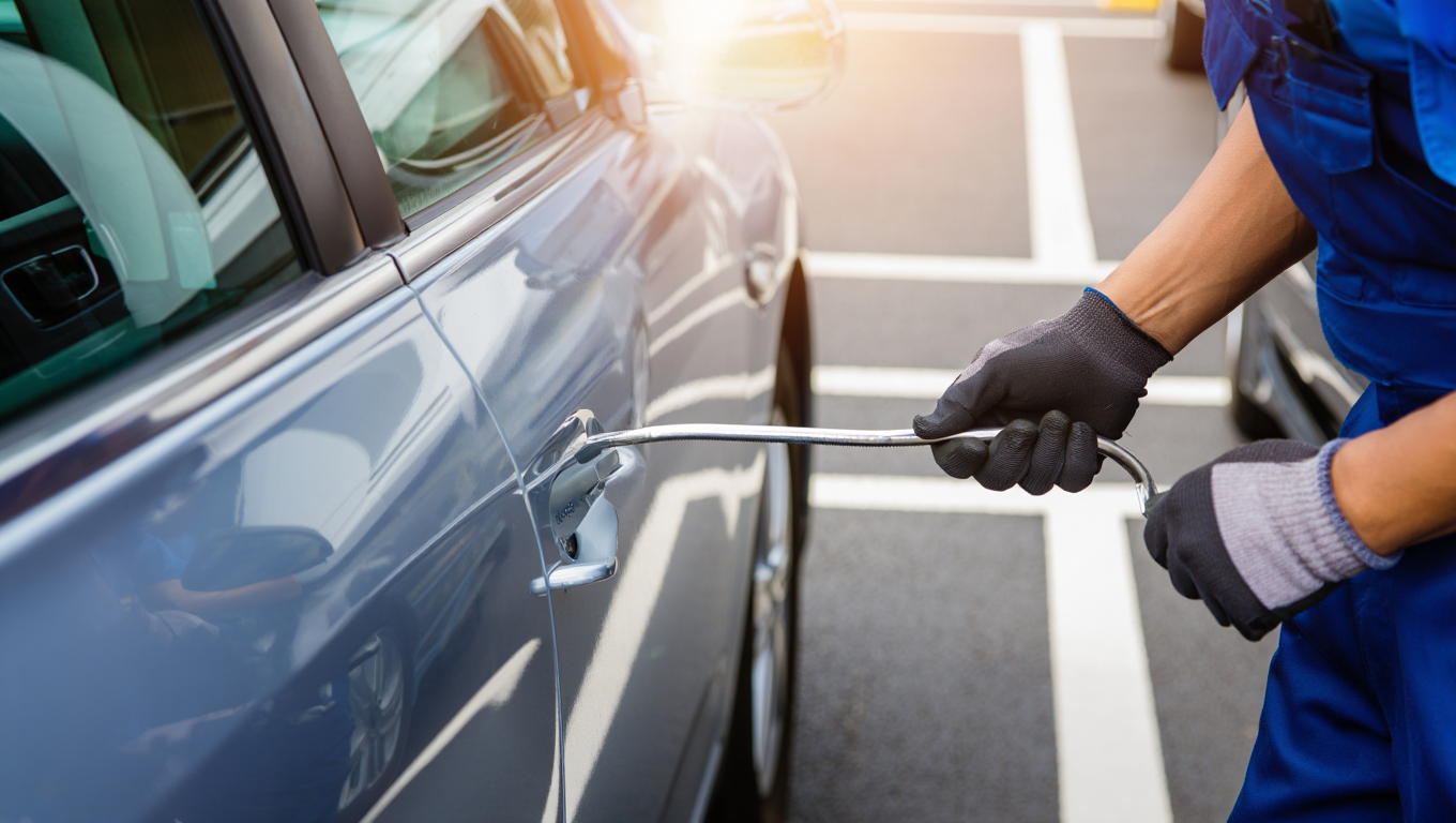 locksmith using tools to unlock a car